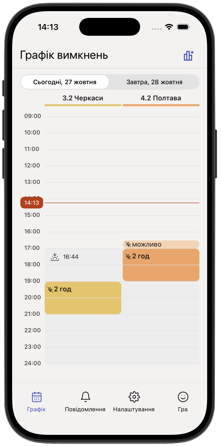 Екран ElectricityOff на iPhone: календар ГПВ